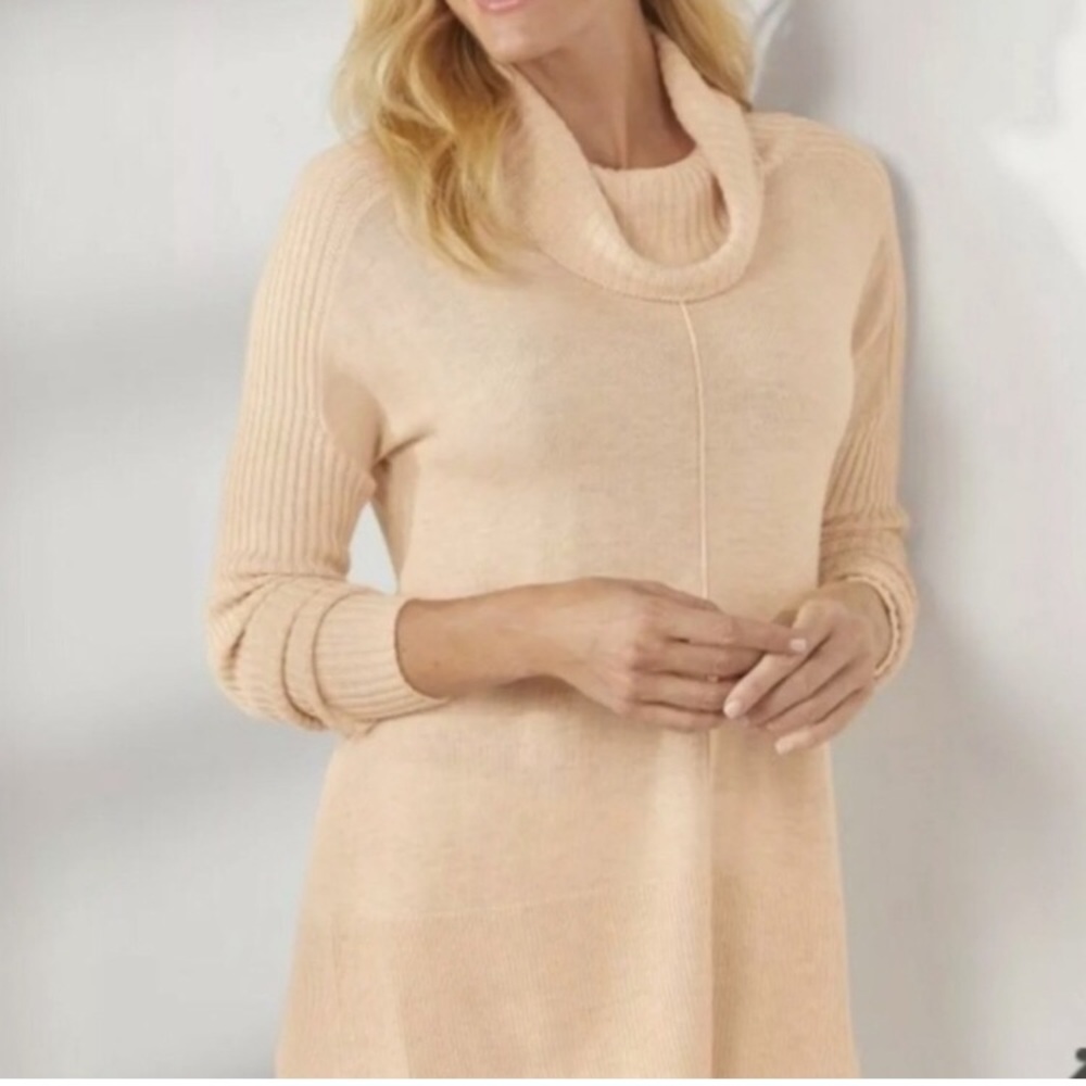 NWT Soft Surroundings Carley Cashmere Wool Cowlneck Beige Tunic Sweater L